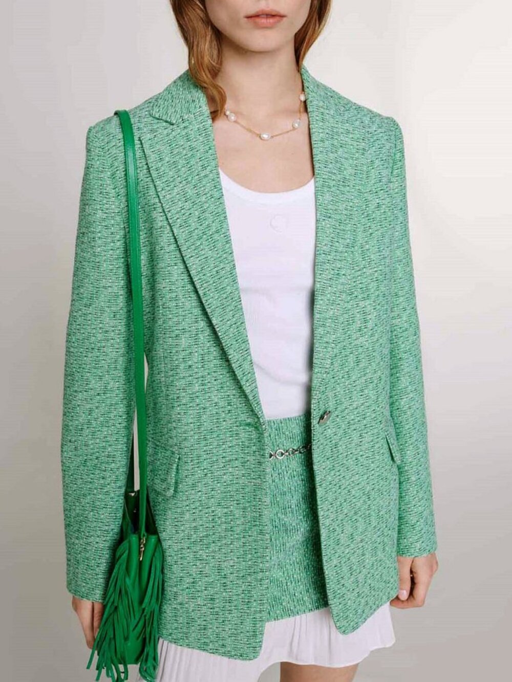 New Maje Vrinny Cotton Blend Tweed Blazer Green 34, 2 $595